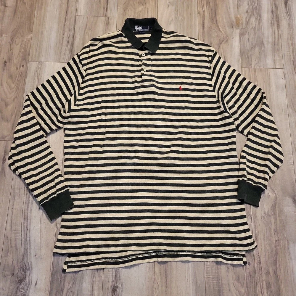 Polo Sport Ralph Lauren Shirt Mens Large Green Striped Waffle Knit Pullover VGT